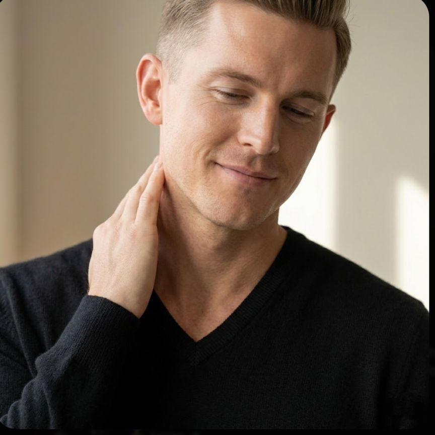 Man wearing a black sweater against a neutral background