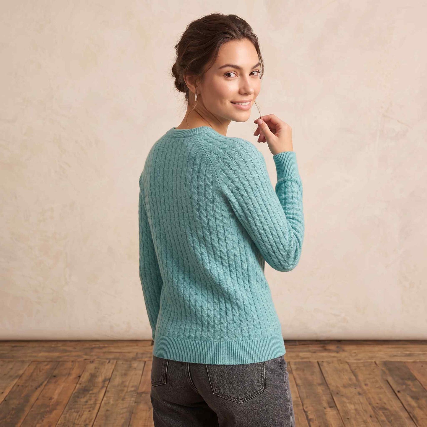 Women's cable-knit cashmere crewneck sweater, Grace in Aqua-Blue - view 2