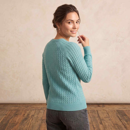 Women's cable-knit cashmere crewneck sweater, Grace in Aqua-Blue - view 2