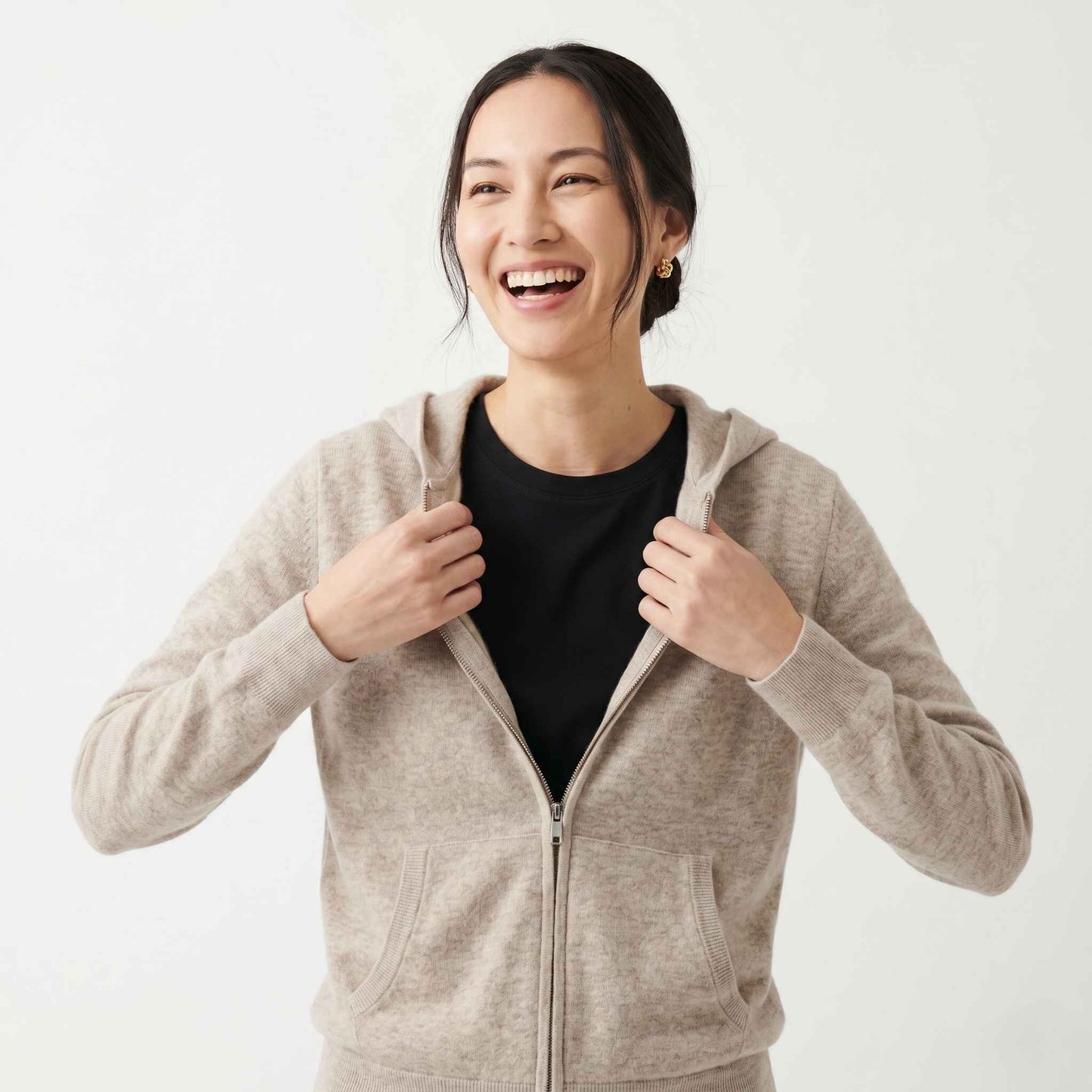 100% Undyed Cashmere Women's Zip Hoodie — Natural Melange, Chemical-Free