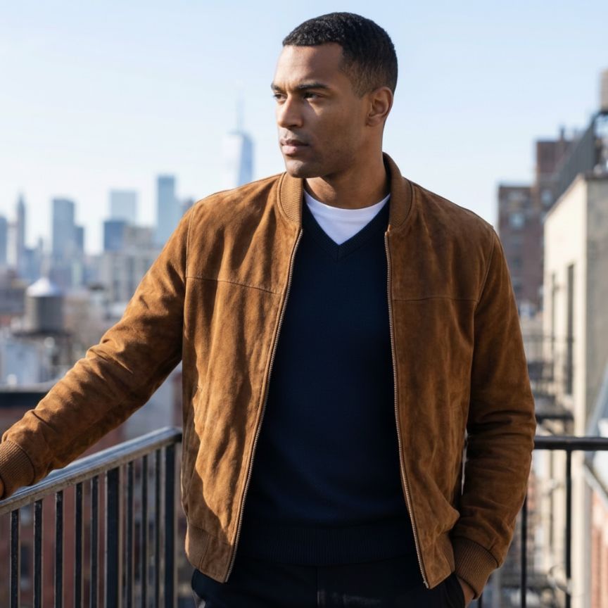 Man wearing a brown jacket on a rooftop with city skyline in the background