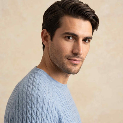 Men's cable-knit cashmere sweater, Atlas in Sky Blue - view 2
