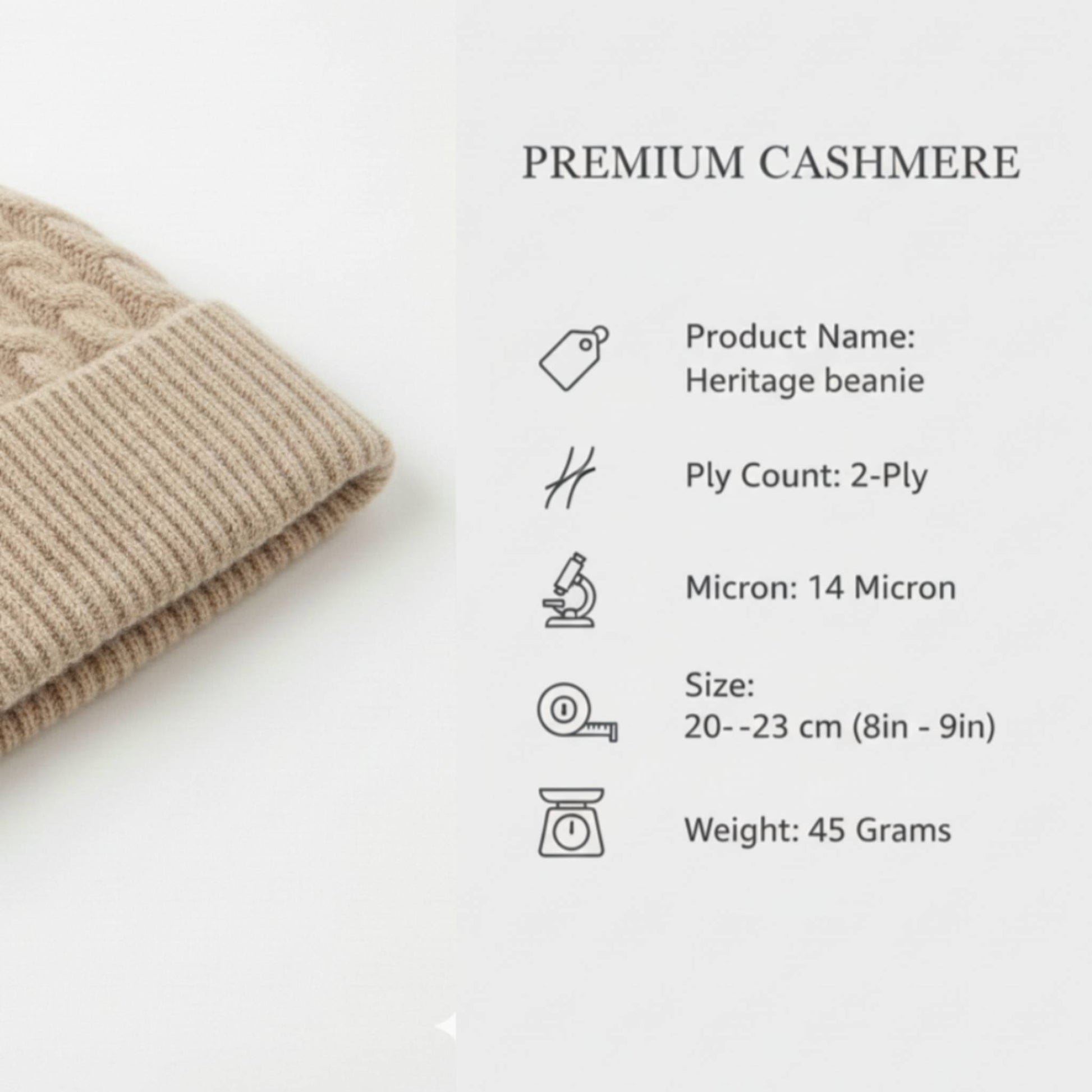 Product Information of Beige Heritage Cable Knit Cashmere Beanie for Men