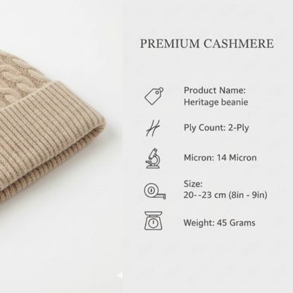 Product Information of Beige Heritage Cable Knit Cashmere Beanie for Men