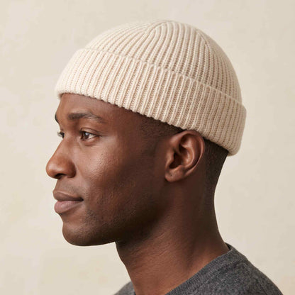 Men's hand-knit ribbed cashmere beanie, Noma in Off White - view 2