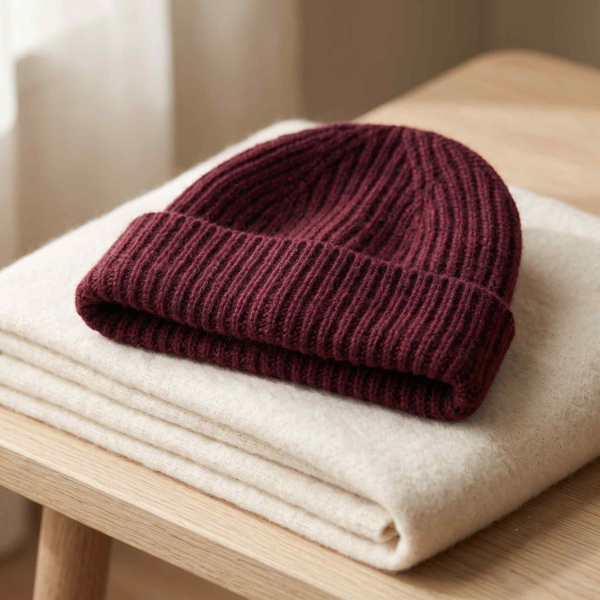 Women's hand-knit cashmere beanie in Wine Red - view 3