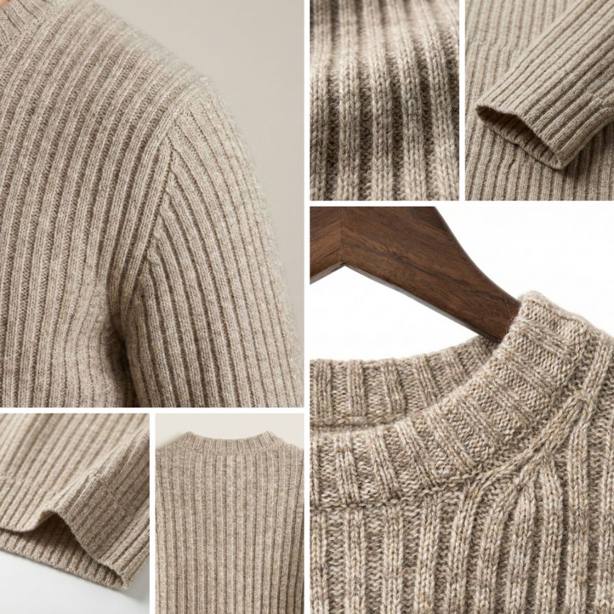 Collage of a beige knitted sweater with close-up details on a white background