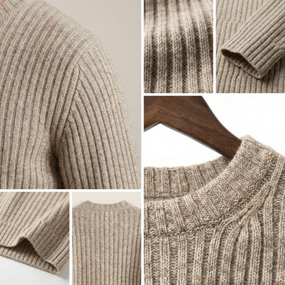 Collage of a beige knitted sweater with close-up details on a white background