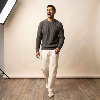 Men's ribbed cashmere crewneck sweater, Signature in Dark Grey Melange - view 1