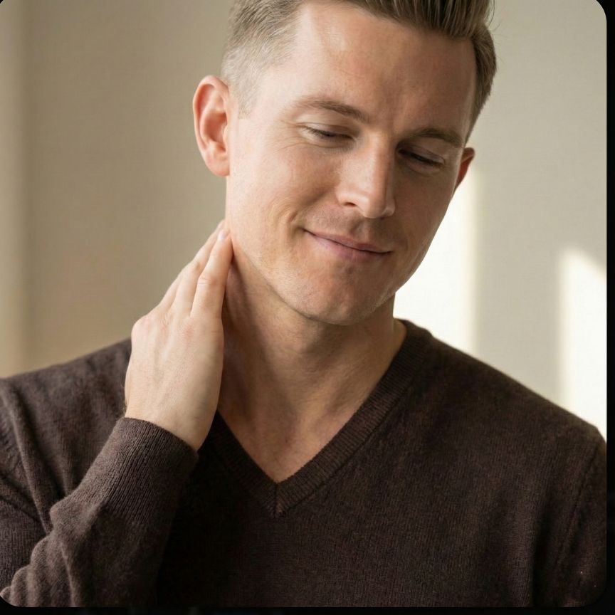 Man in a brown sweater touching his neck with a neutral background