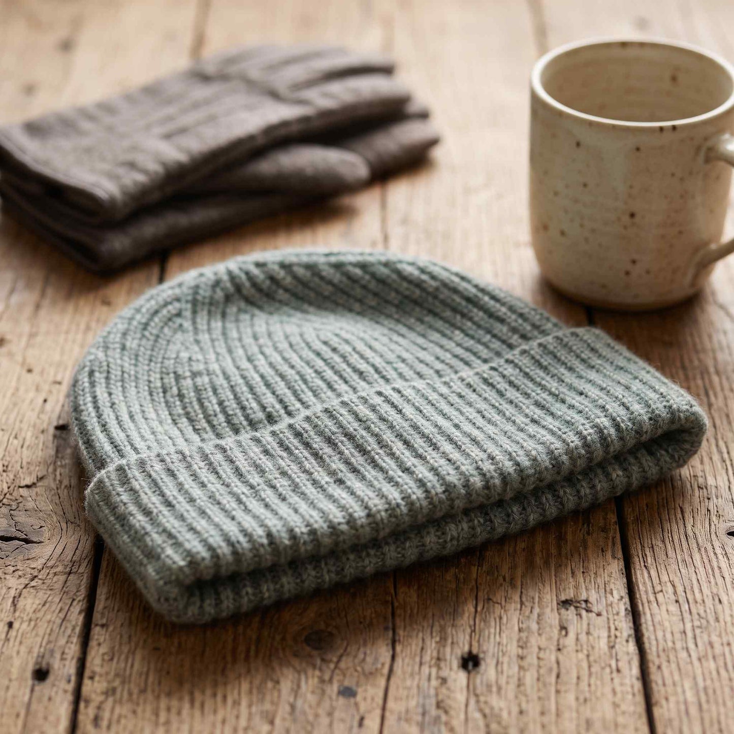 Men's hand-knit ribbed cashmere beanie, Noma in Heathered Jade - view 2