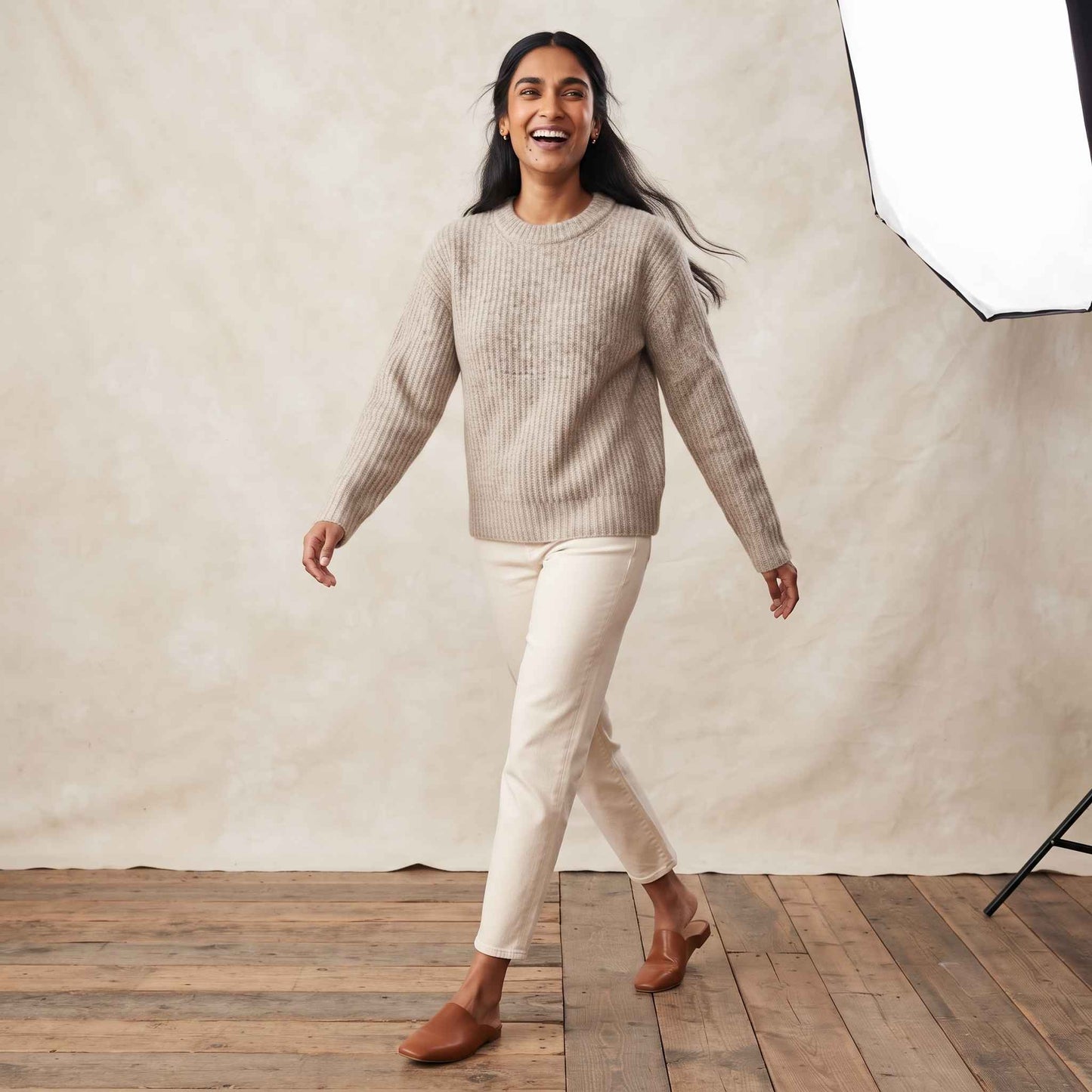 Women's Cashmere Sweater - Ella Ribbed in Oatmeal Melange - view 2