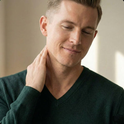 Man in a green sweater touching his neck against a neutral background