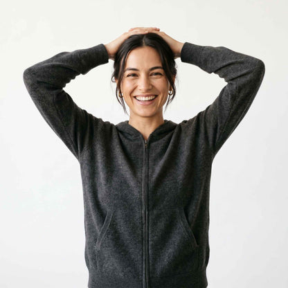 100% Undyed Cashmere Women's Zip Hoodie — Natural Melange, Chemical-Free