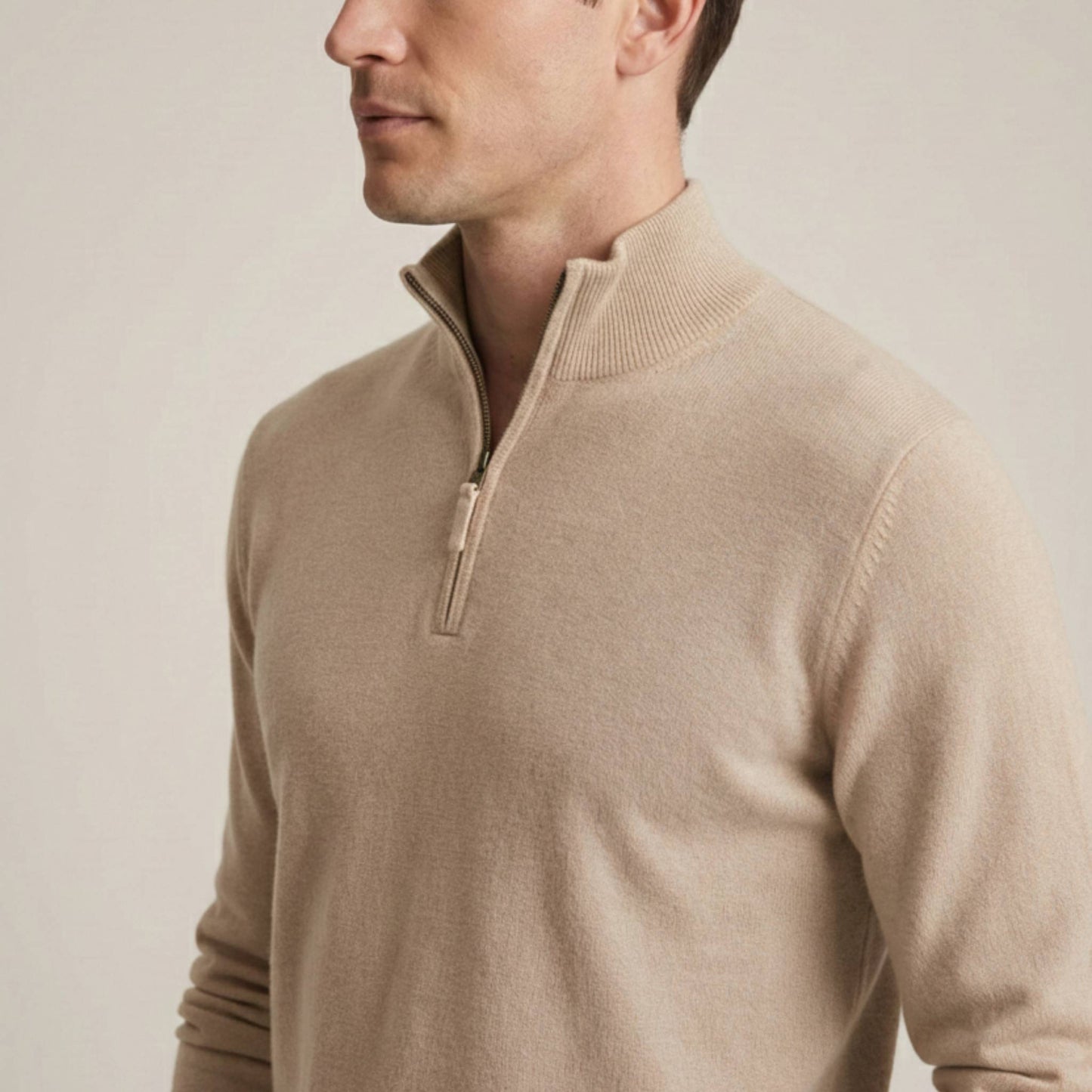 Premium Quality Beige Himalayan Cashmere Half-Zip Men's Embrace Sweater