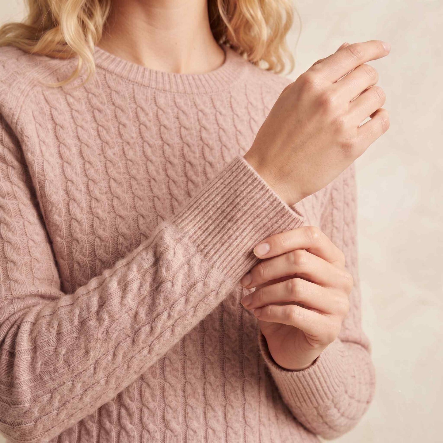 Women's cable-knit cashmere crewneck sweater, Grace in Blush Pink - view 6