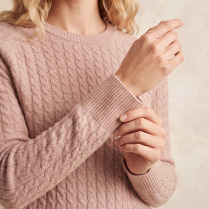 Women's cable-knit cashmere crewneck sweater, Grace in Blush Pink - view 6