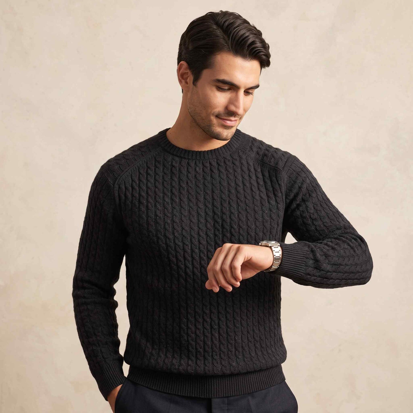 Men's cable-knit cashmere sweater, Atlas in Black - view 1
