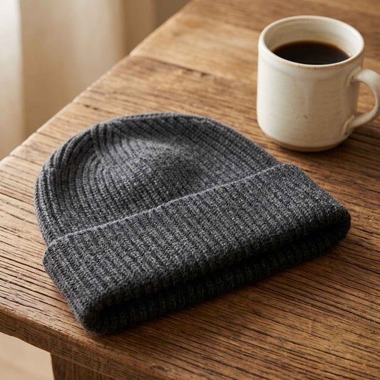 Men's undyed cashmere beanie, natural melange in Dark Grey Melange - view 2