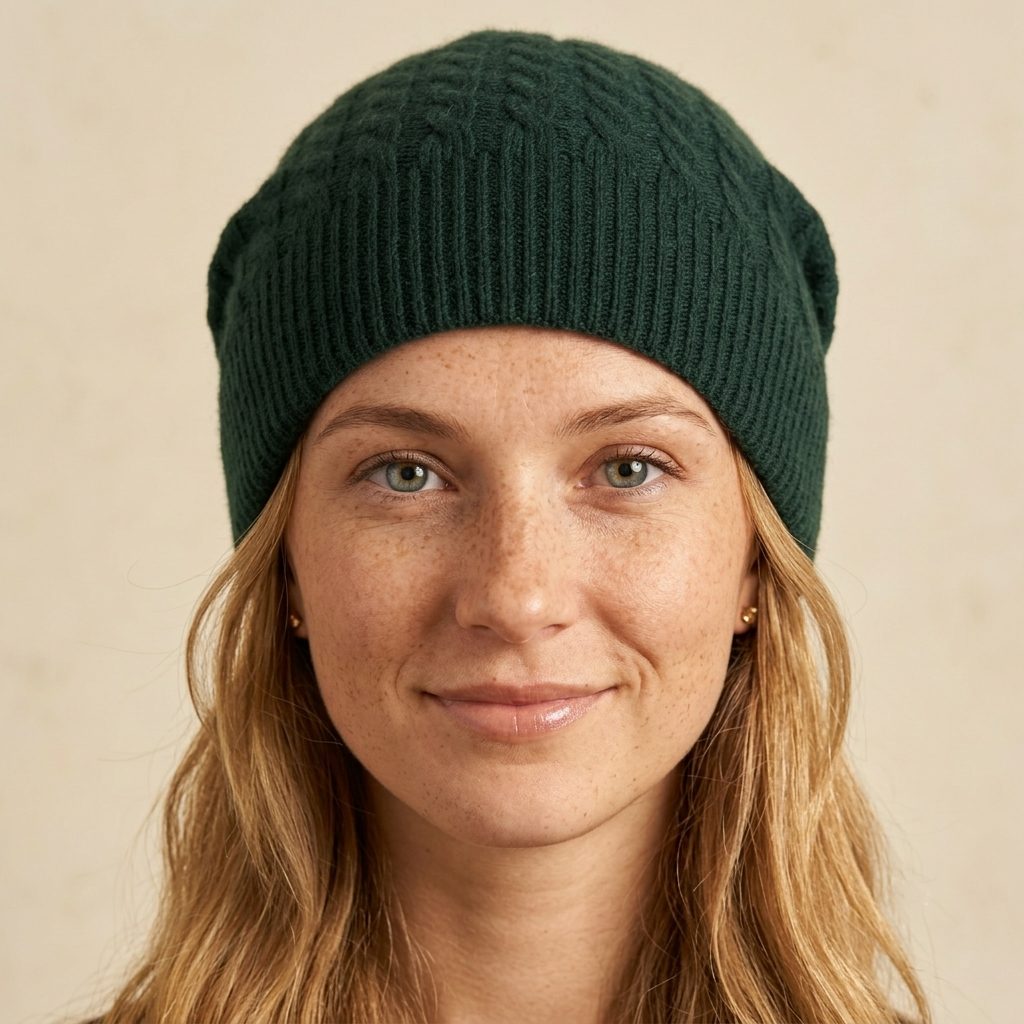 WCPN Women's Cashmere Beanie - Heritage Cable Knit Pine 3