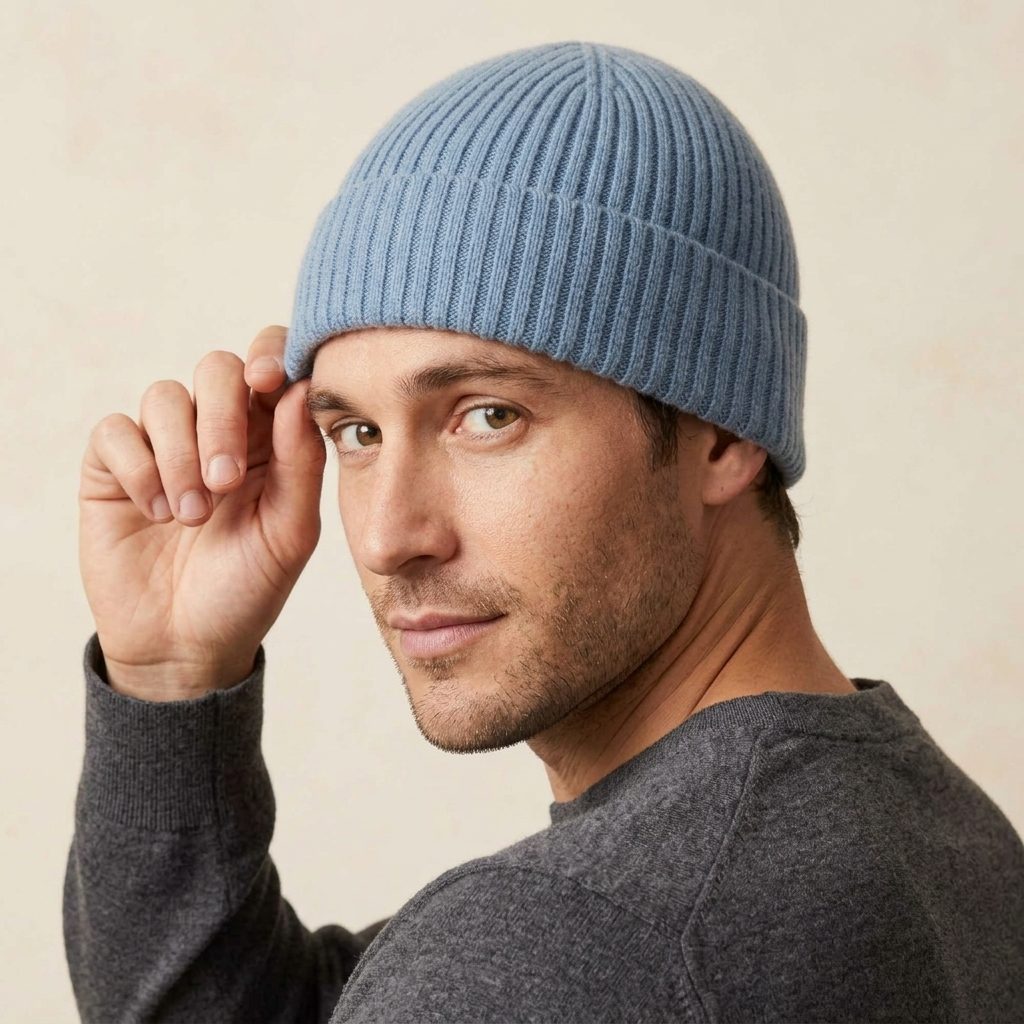 HRSB Men's Cashmere Beanie - Haven Ribbed Sky Blue 5