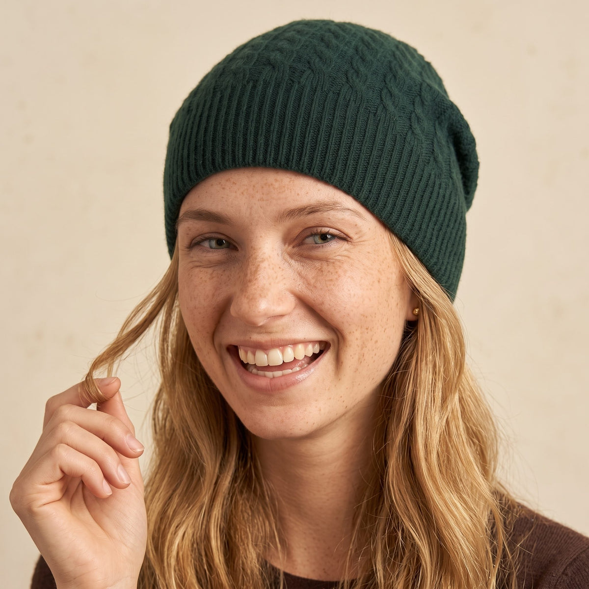 WCPN Women's Cashmere Beanie - Heritage Cable Knit Pine 4