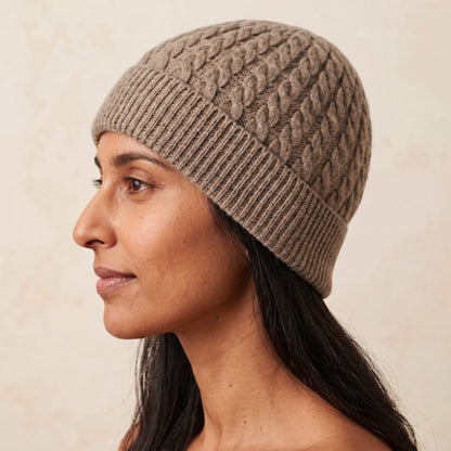 WCTM Women's Undyed Cashmere Beanie - Heritage Cable Knit Toast Melange 6