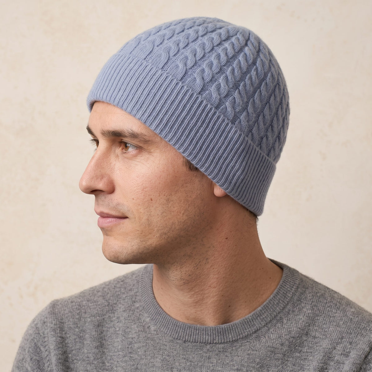 HCSB Men's Cashmere Beanie - Heritage Cable Knit Sky Blue 6