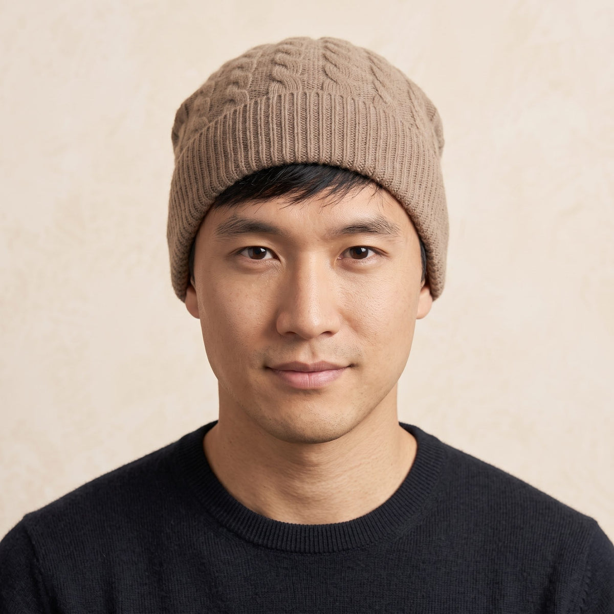 HCTM Men's Undyed Cashmere Beanie - Heritage Cable Knit Toast Melange 4