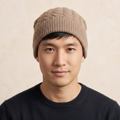 HCTM Men's Undyed Cashmere Beanie - Heritage Cable Knit Toast Melange 4