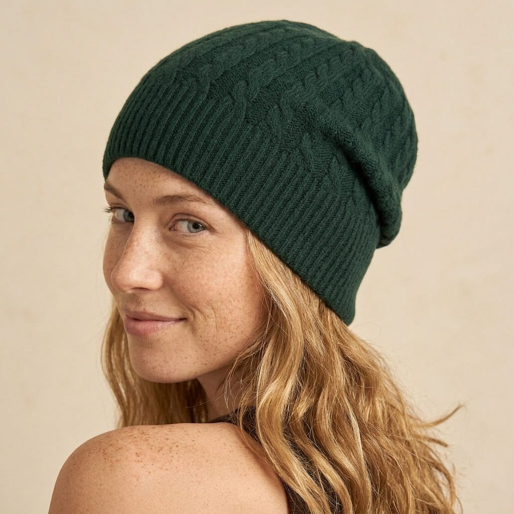 WCPN Women's Cashmere Beanie - Heritage Cable Knit Pine 5