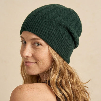 WCPN Women's Cashmere Beanie - Heritage Cable Knit Pine 5