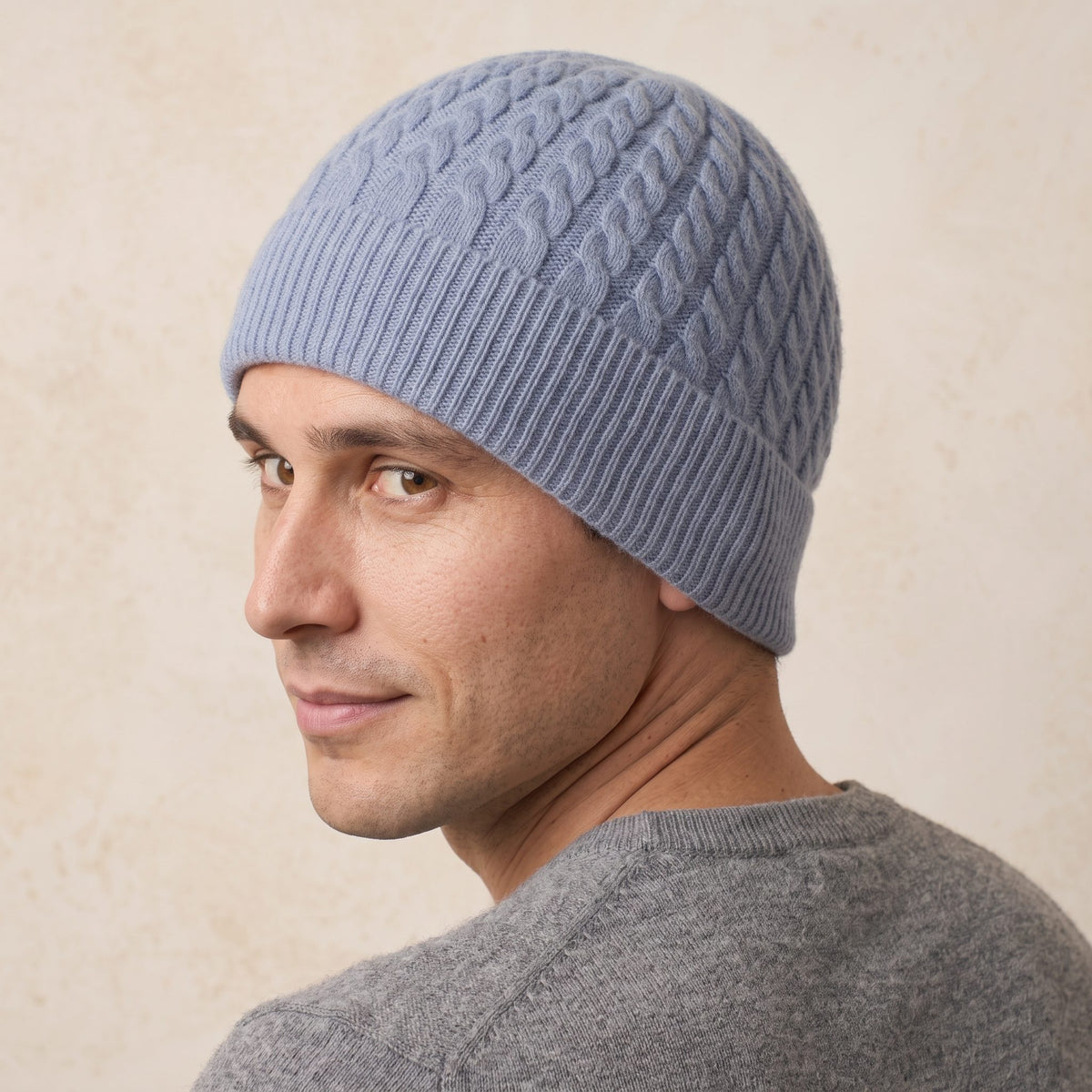 HCSB Men's Cashmere Beanie - Heritage Cable Knit Sky Blue 7