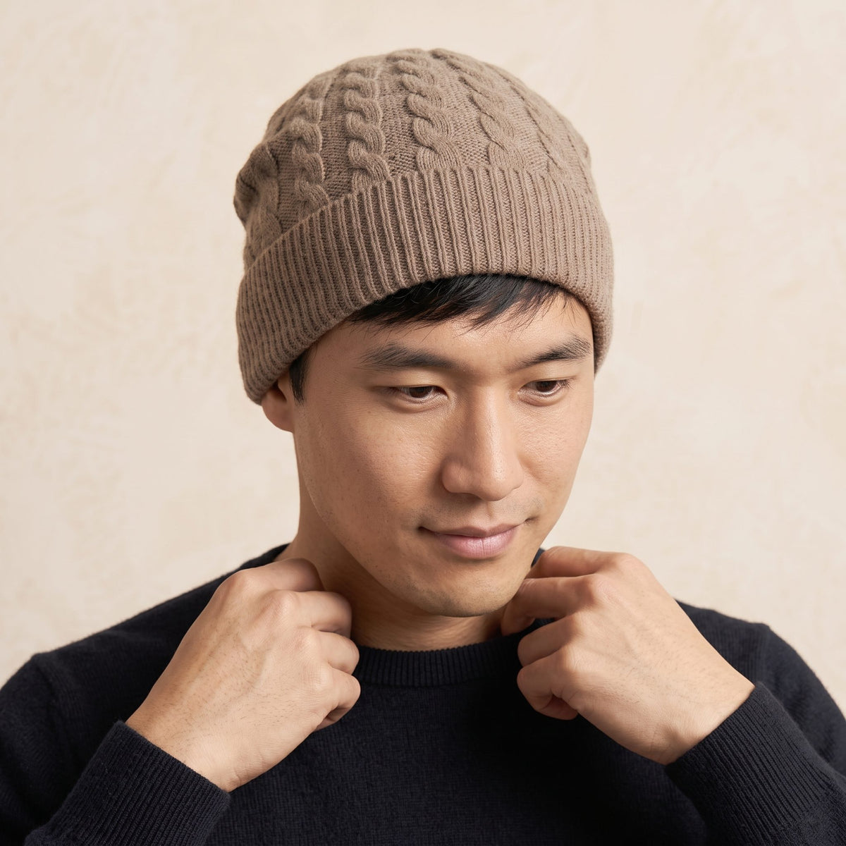 HCTM Men's Undyed Cashmere Beanie - Heritage Cable Knit Toast Melange 5