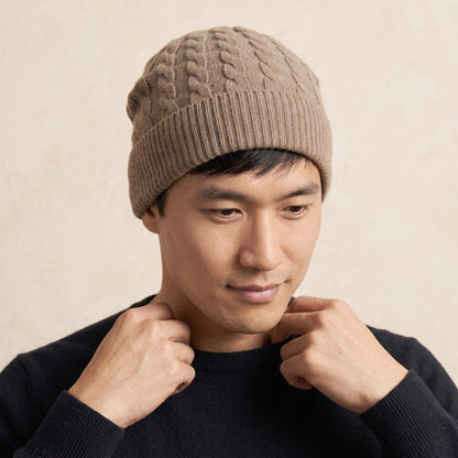 HCTM Men's Undyed Cashmere Beanie - Heritage Cable Knit Toast Melange 5