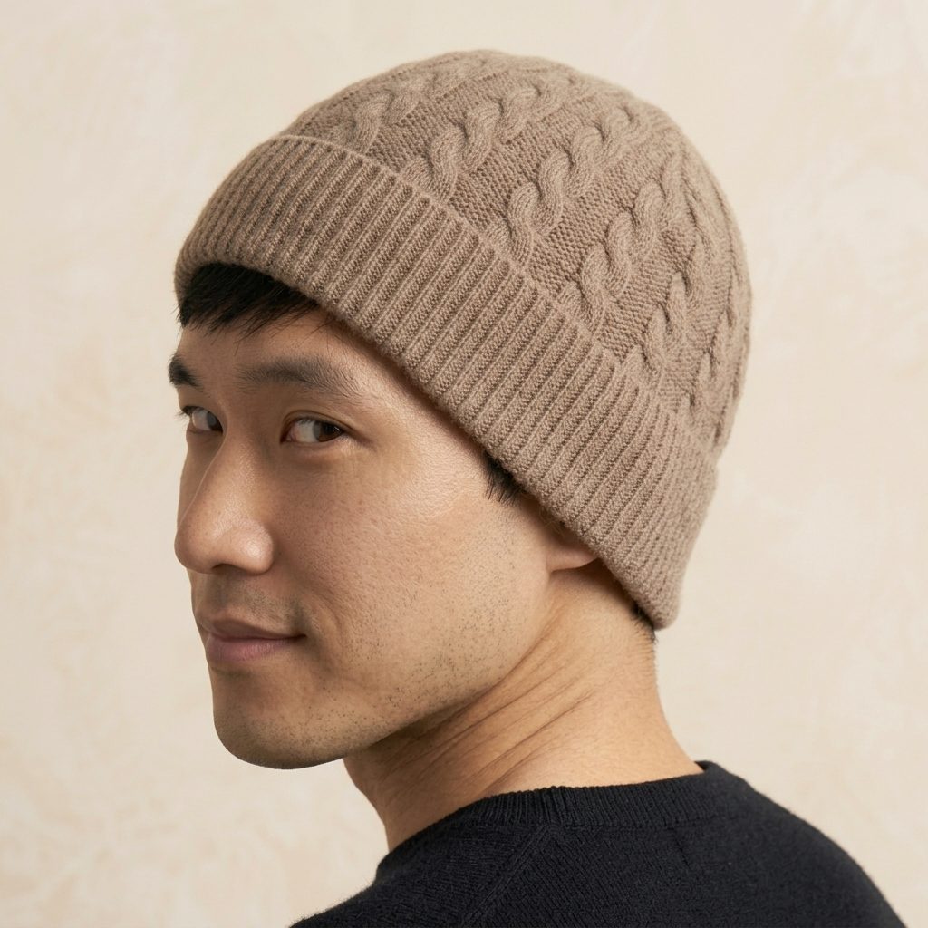 HCTM Men's Undyed Cashmere Beanie - Heritage Cable Knit Toast Melange 6