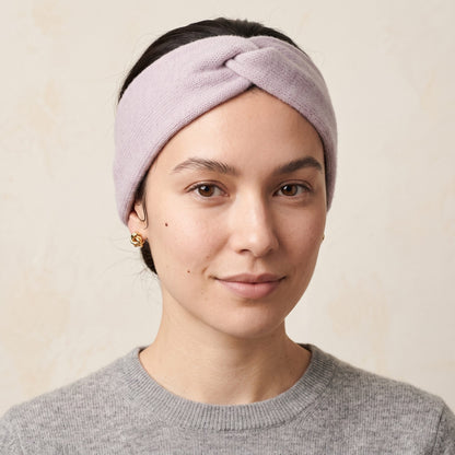 Gomba twisted-front cashmere headband in Lilac, worn, view 1