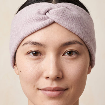 Gomba twisted-front cashmere headband in Lilac, worn, view 3