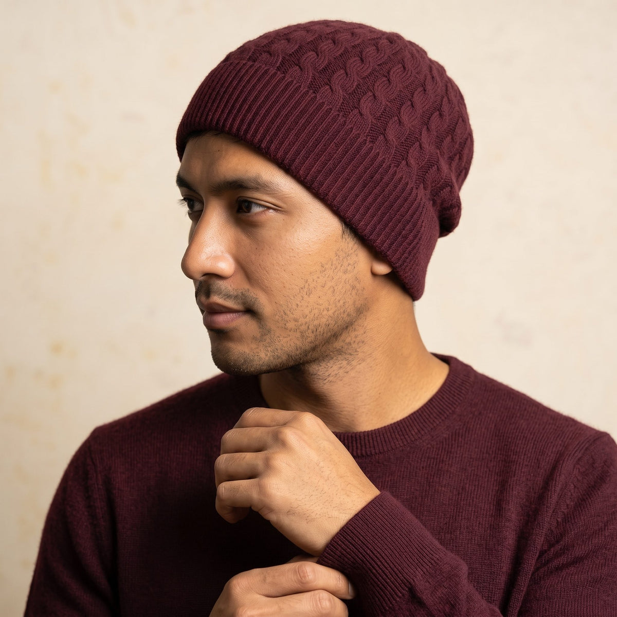 HCWR Men's Cashmere Beanie - Heritage Cable Knit Wine Red 5