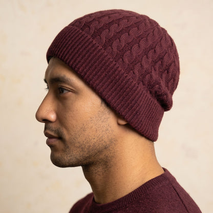 HCWR Men's Cashmere Beanie - Heritage Cable Knit Wine Red 6