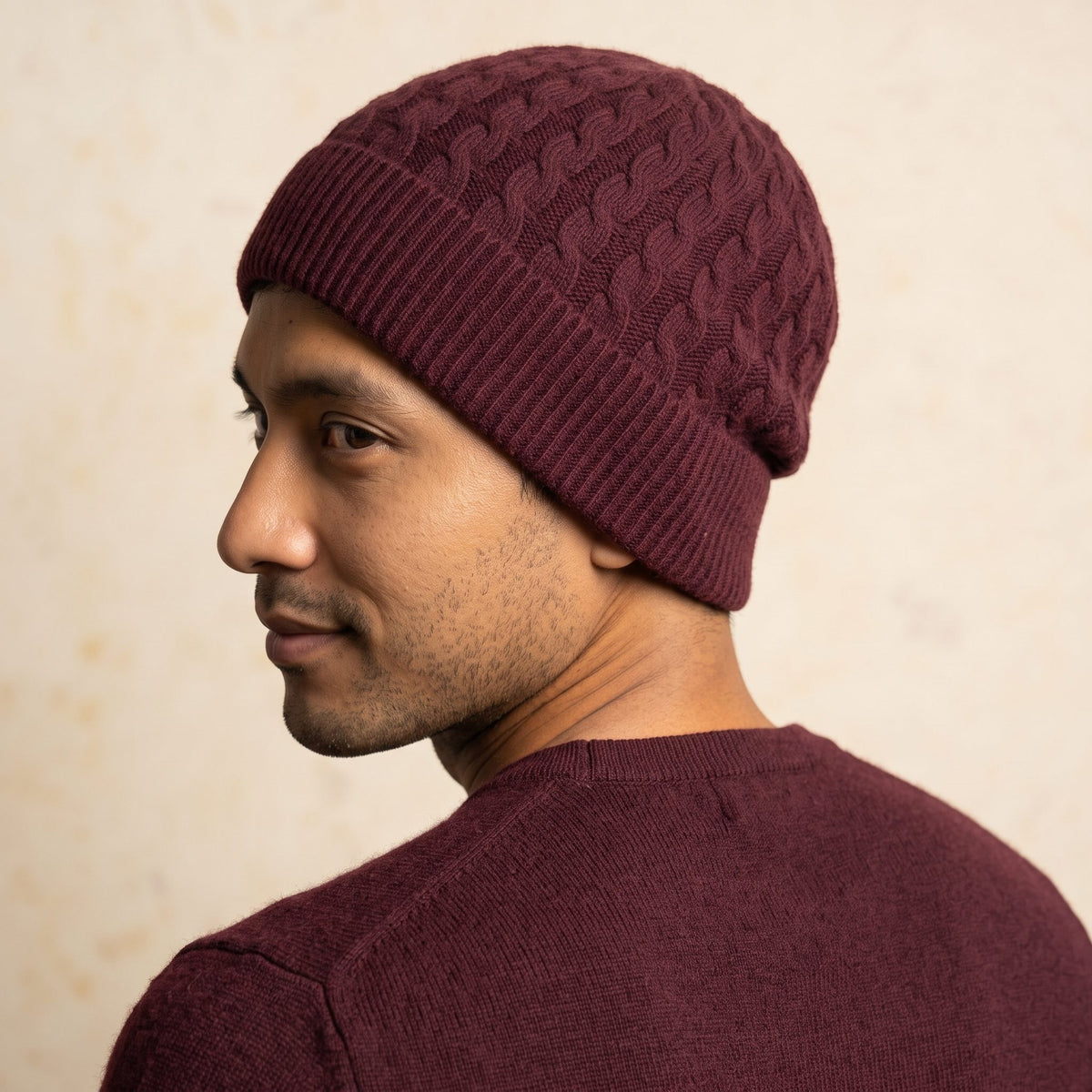 HCWR Men's Cashmere Beanie - Heritage Cable Knit Wine Red 7