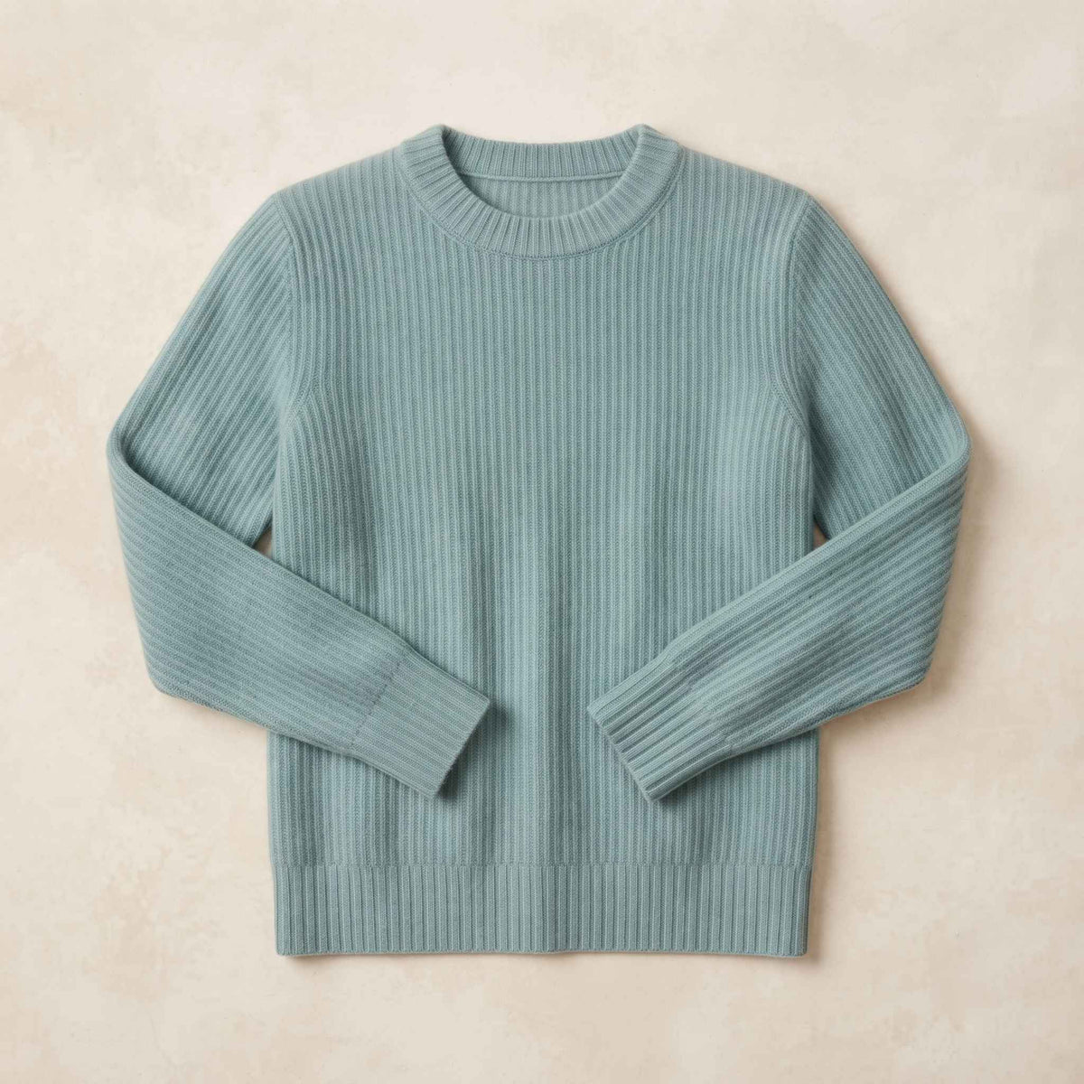 Women's heavyweight ribbed cashmere crewneck sweater in Heathered Jade — view 3