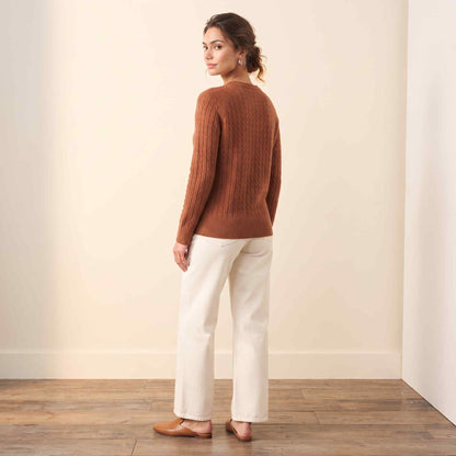 Women's cable-knit cashmere crewneck sweater, Grace in Amber - view 1