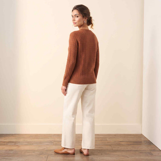 Women's cable-knit cashmere crewneck sweater, Grace in Amber - view 1