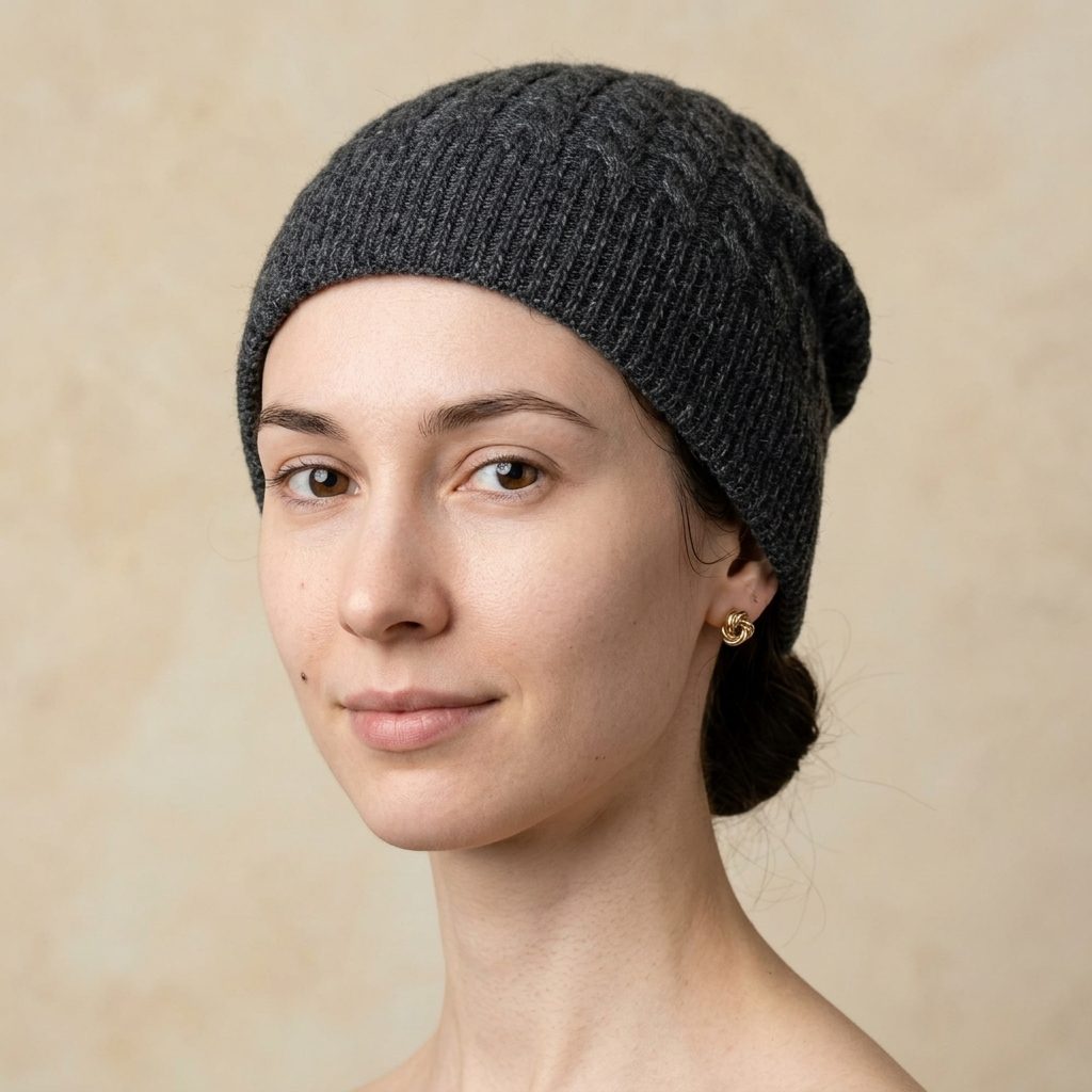WCDM Women's Undyed Cashmere Beanie - Heritage Cable Knit Dark Grey Melange 4
