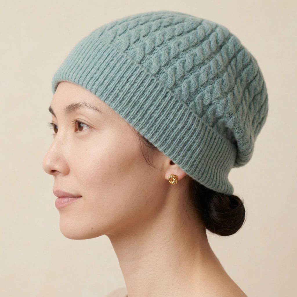 WCAQ Women's Cashmere Beanie - Heritage Cable Knit Aqua 4