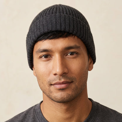 HRDM Men's Undyed Cashmere Beanie - Haven Ribbed Dark Grey Melange 4