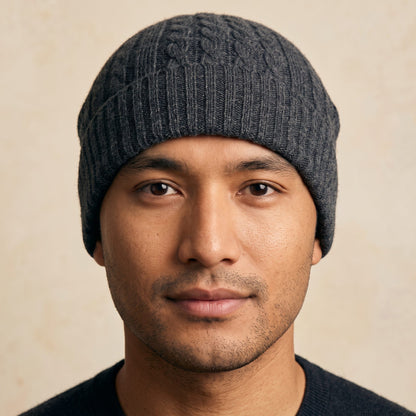 HCDM Men's Undyed Cashmere Beanie - Heritage Cable Knit Dark Grey Melange 4