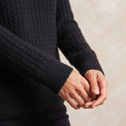 Women's cable-knit cashmere crewneck sweater, Grace in Black - view 3