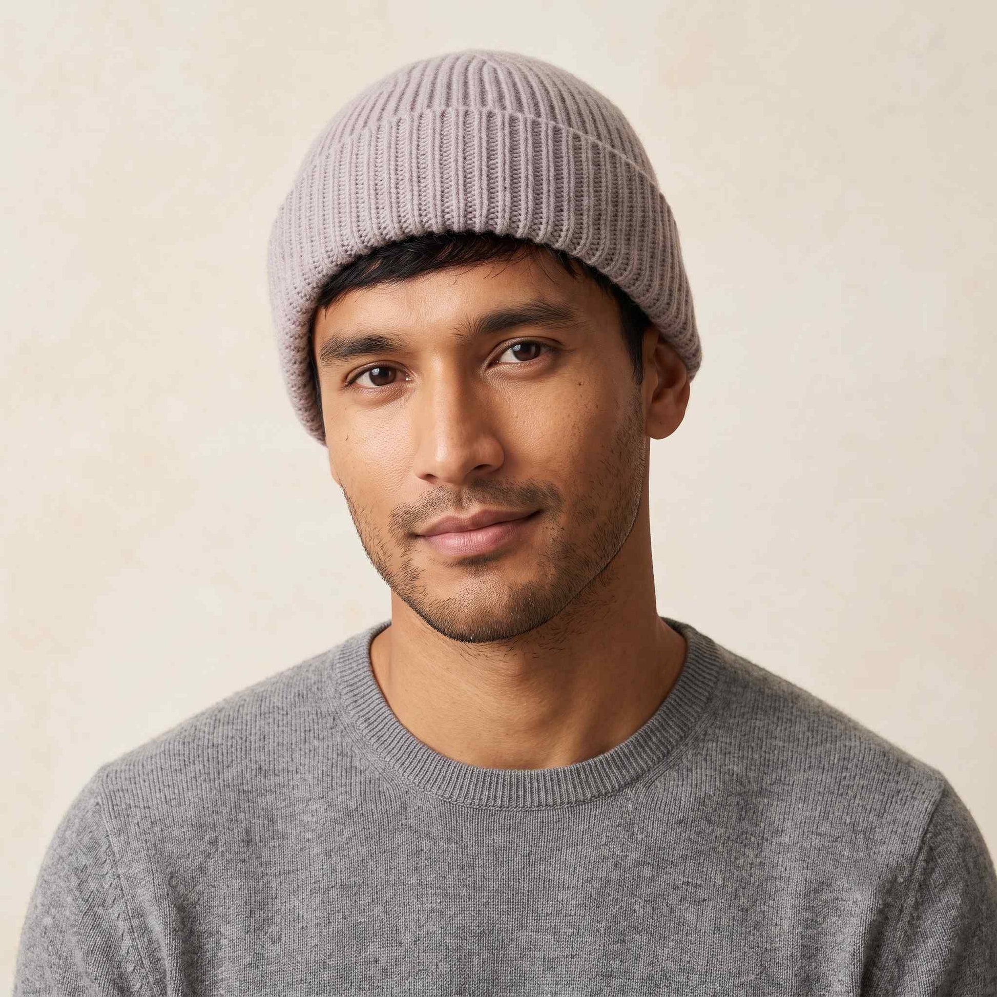 Men's hand-knit ribbed cashmere beanie, Noma in Fog - view 3